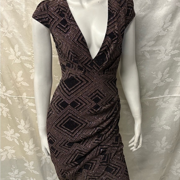 Mystic Brown Bodycon Mini Dress with Plunge Neckline and Flutter Sleeves - Picture 1 of 9